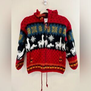 Tejidos Aly Marka 100% Wool Alpaca Llama Full Zip Hooded Sweater Ecuador Size 10